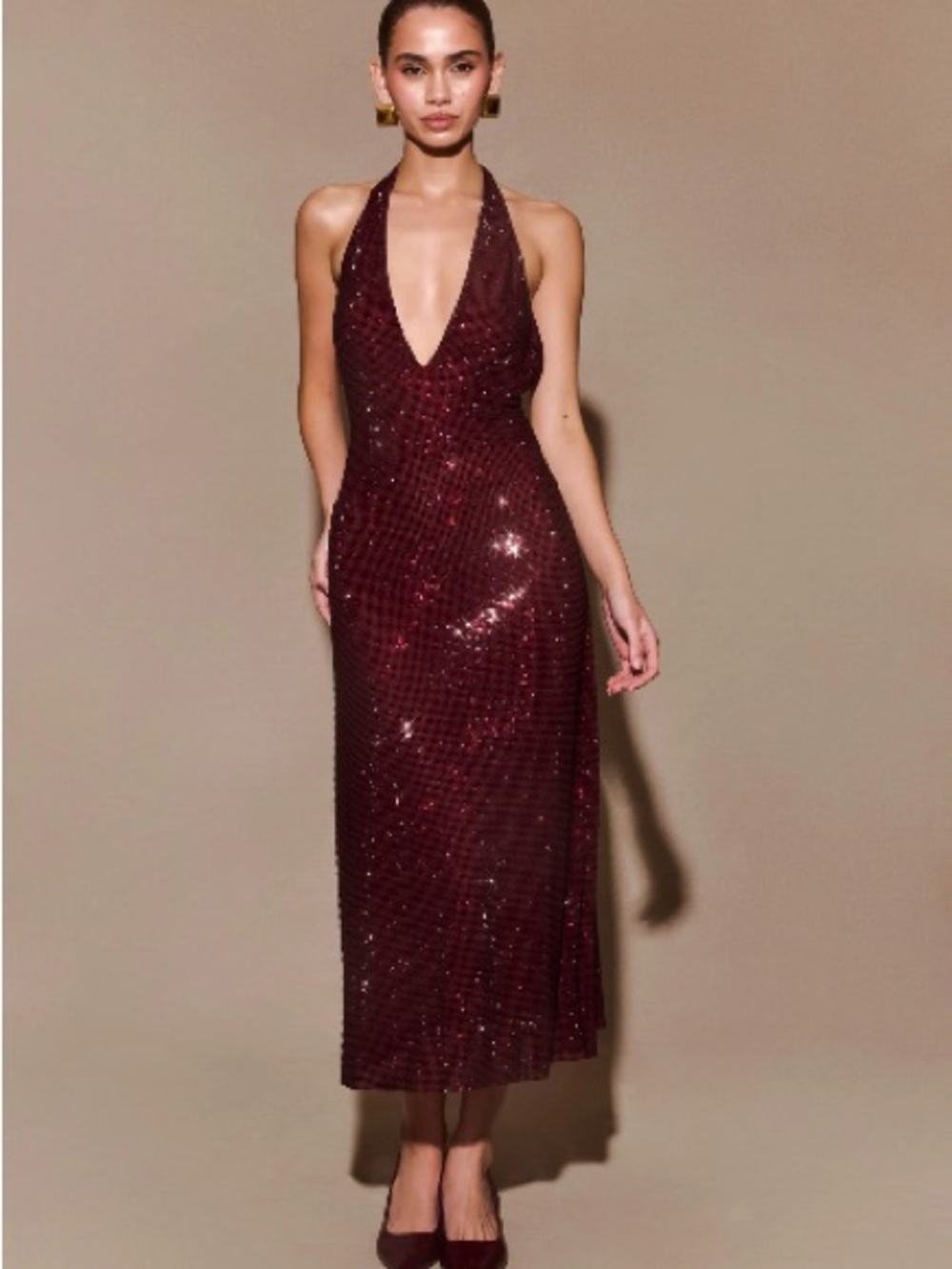 Burgundy Meshki Genie Diamanté Halter Midi Dress